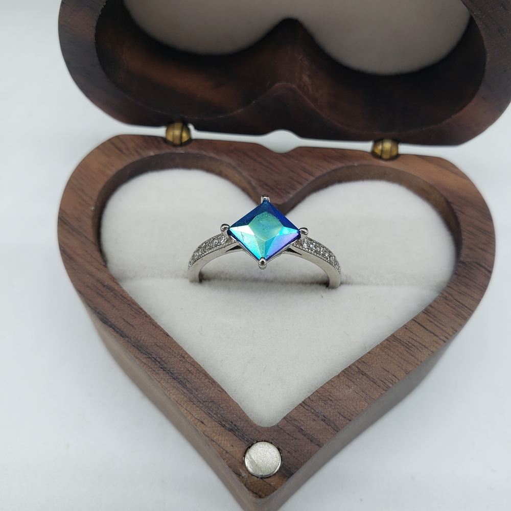 Blue Opal Rhinestone Accent Silver Ring by Charmed Aroma - Size 7